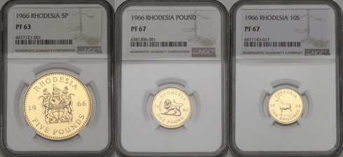 イギリス領ローデシア 1966年 エリザベス2世 5ポンド金貨 3枚セット PF63:4677121-001